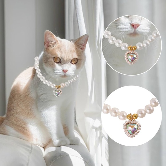 2pcs Cat Pearl Necklaces, Cute Heart Shaped Pendant Cat Dog Collar Adjustable L - Picture 4 of 10
